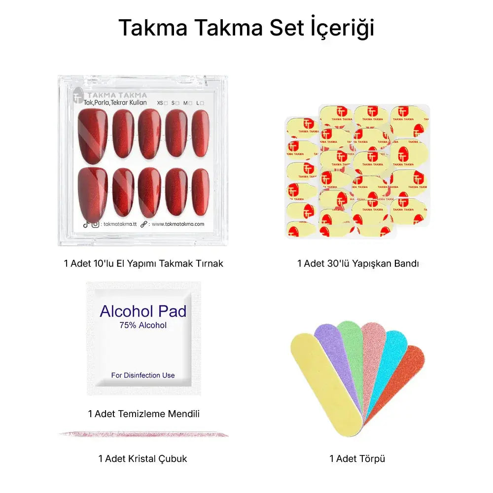 10'lu Kırmızı Kısa Oval TT1204 Tekrar Kullanılabilir El Yapımı Protez Takma Tırnak Takma Takma
