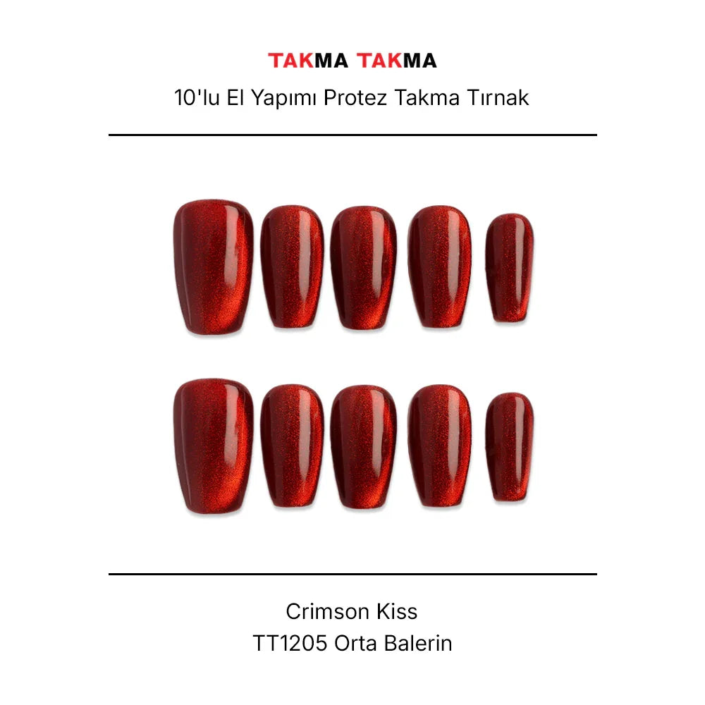 10'lu Kırmızı Orta Balerin TT1205 Tekrar Kullanılabilir El Yapımı Protez Takma Tırnak