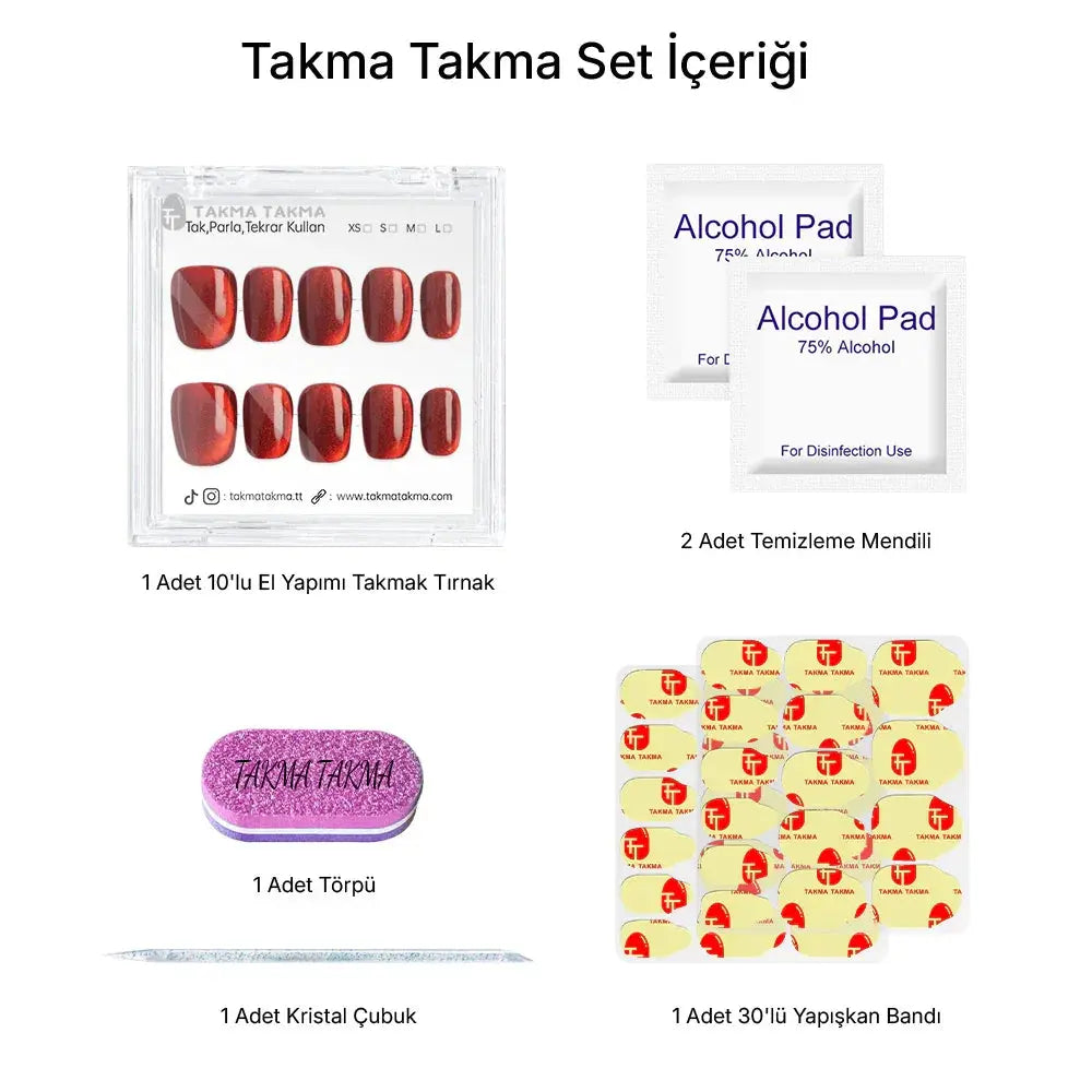 10'lu Kırmızı Kısa Kare TT1206 Tekrar Kullanılabilir El Yapımı Protez Takma Tırnak Takma Takma