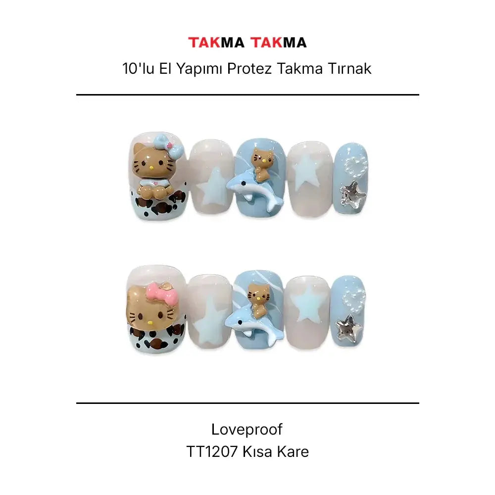 10'lu Mavi Kısa Kare TT1207 Tekrar Kullanılabilir El Yapımı Protez Takma Tırnak Takma Takma