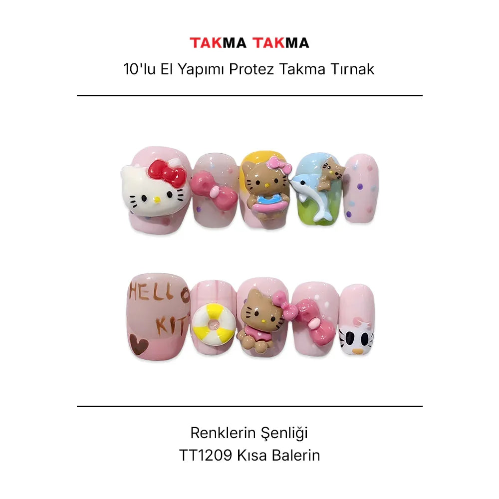 Tekrar Kullanılabilir El Yapımı Protez Takma Tırnak TT1209 - Renklerin Şenliği - 10'lu