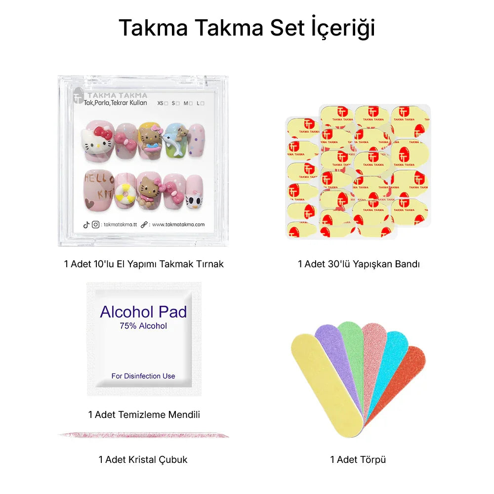 Tekrar Kullanılabilir El Yapımı Protez Takma Tırnak TT1209 - Renklerin Şenliği - 10'lu