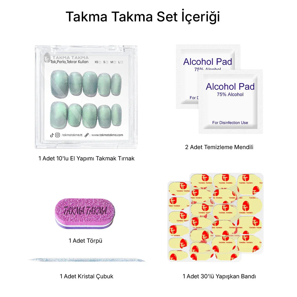 10'lu Yeşil Kısa Balerin TT1219 Tekrar Kullanılabilir El Yapımı Protez Takma Tırnak Takma Takma
