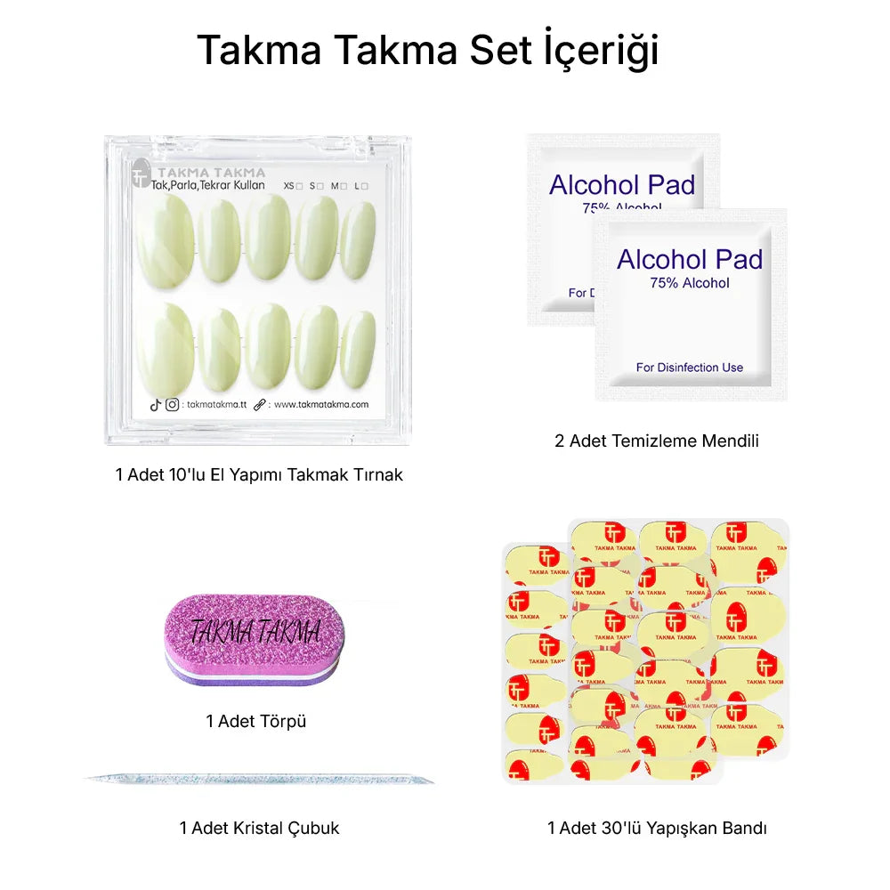 10'lu Sarı Kısa Oval TT1220 Tekrar Kullanılabilir El Yapımı Protez Takma Tırnak Takma Takma