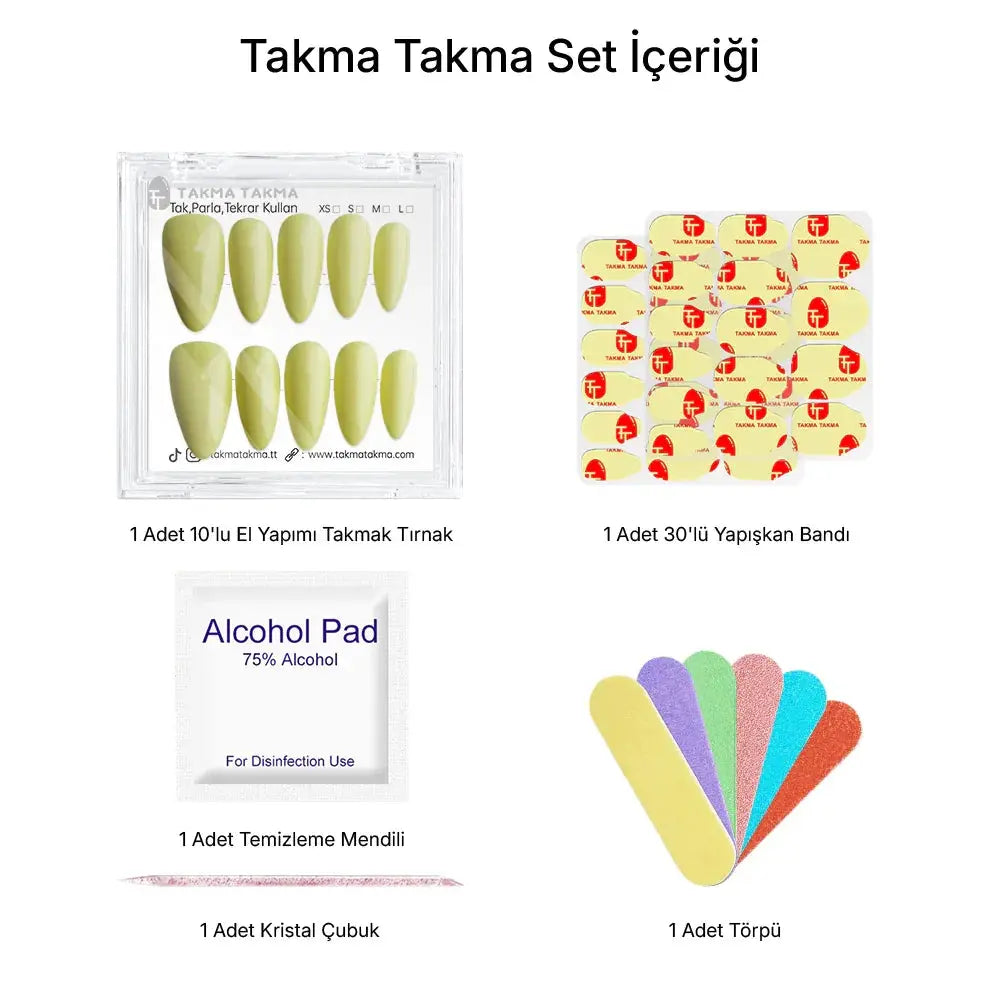 10'lu Sarı Uzun Badem TT1225 Tekrar Kullanılabilir El Yapımı Protez Takma Tırnak Takma Takma