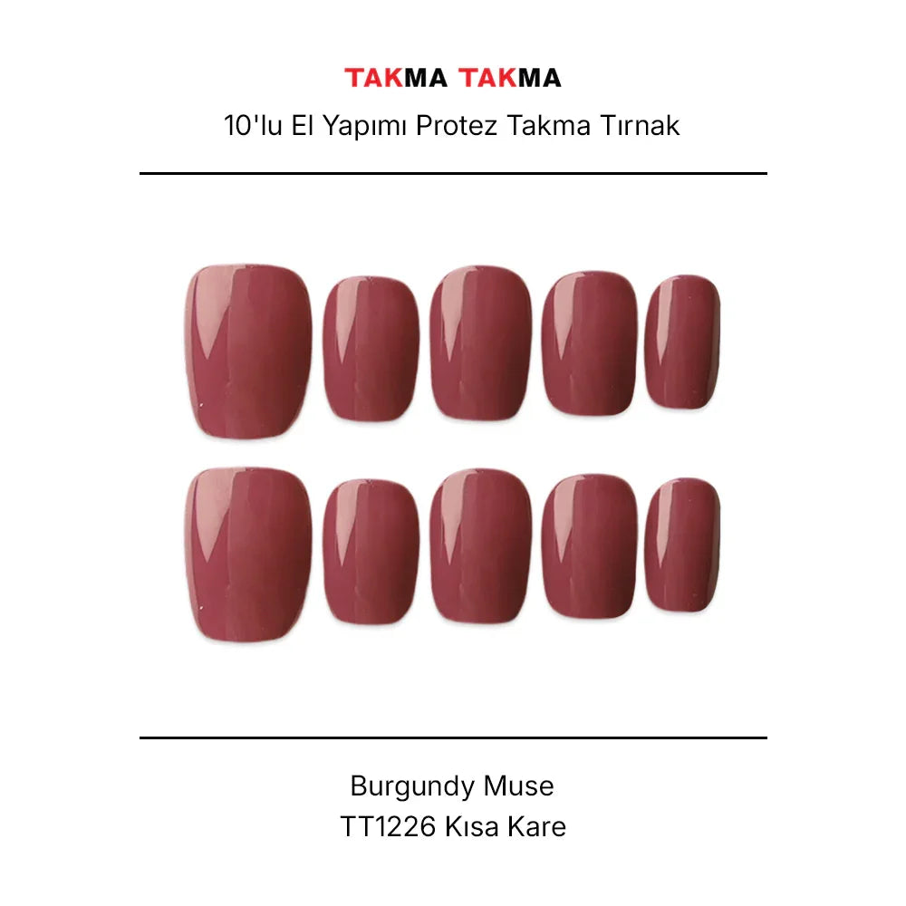 Tekrar Kullanılabilir El Yapımı Protez Takma Tırnak TT1226 - Burgundy Muse - 10'lu