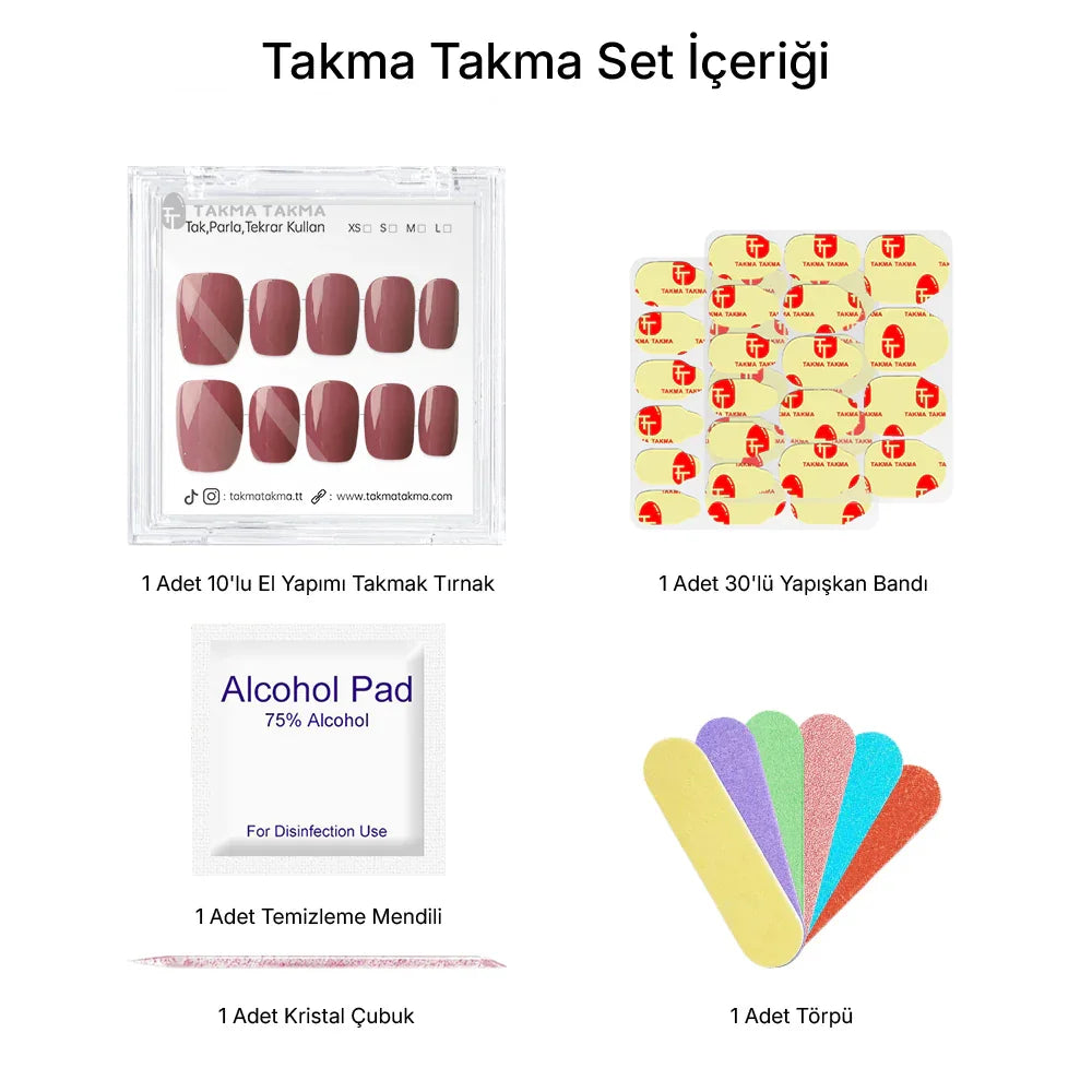 Tekrar Kullanılabilir El Yapımı Protez Takma Tırnak TT1226 - Burgundy Muse - 10'lu