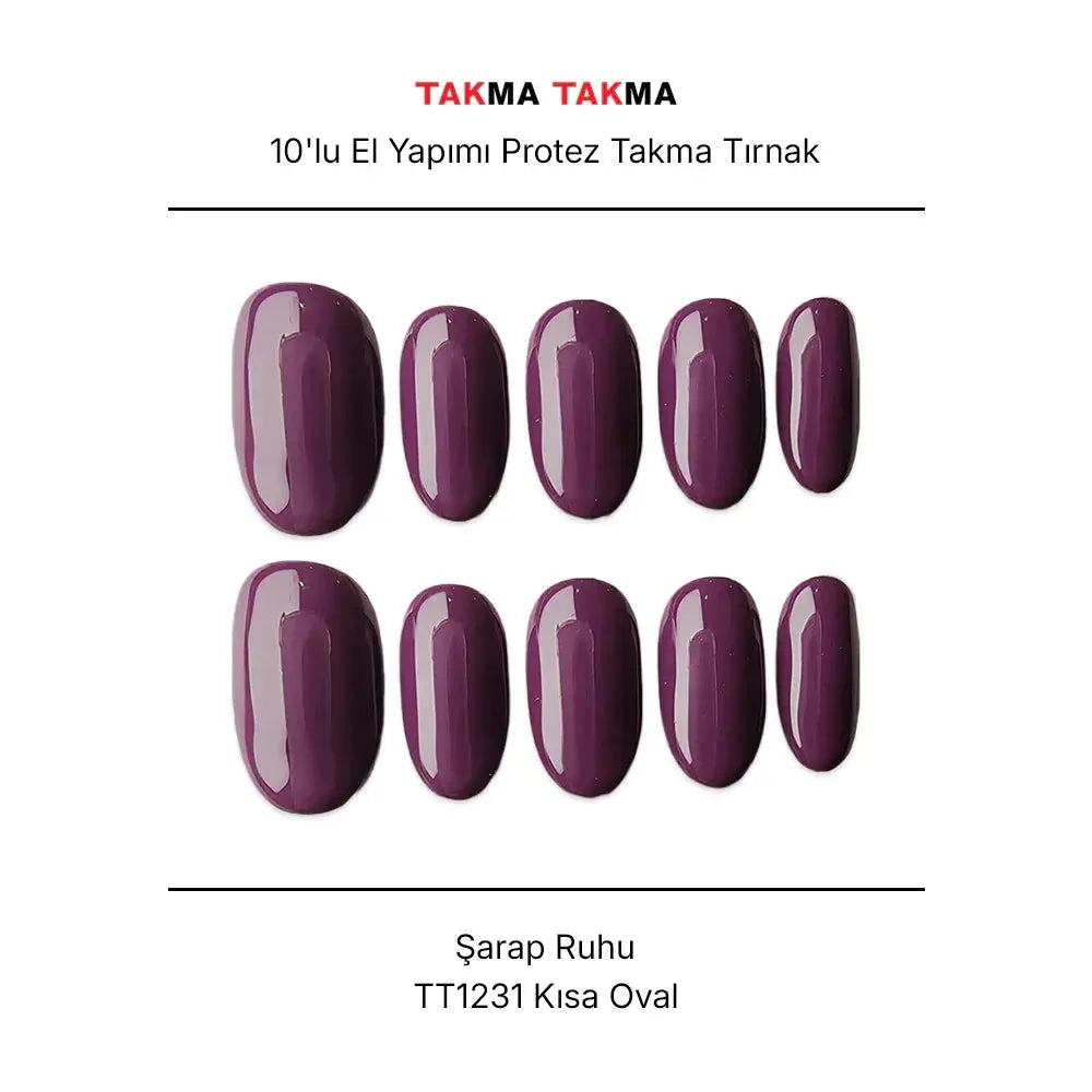10'lu Mor Kısa Oval TT1231 Tekrar Kullanılabilir El Yapımı Protez Takma Tırnak Takma Takma