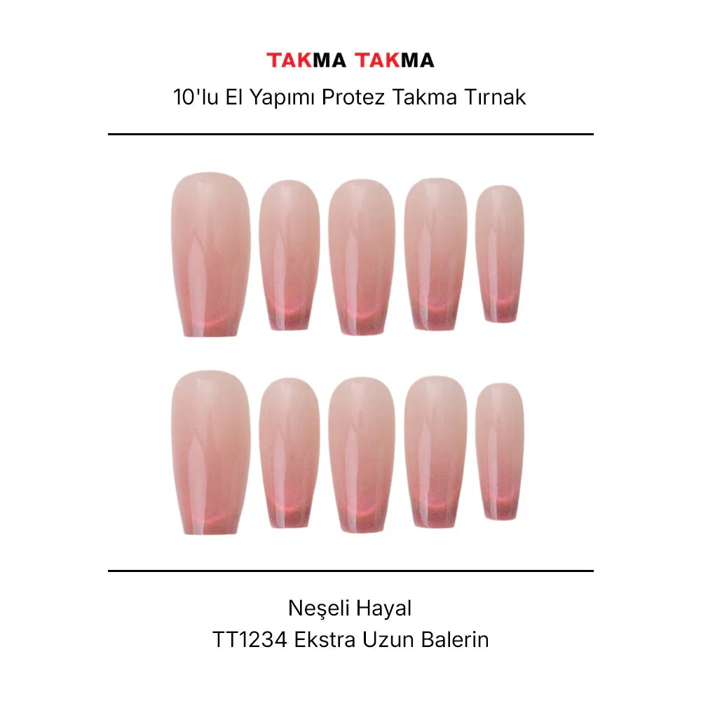 10'lu Pembe Uzun Balerin TT1234 Tekrar Kullanılabilir El Yapımı Protez Takma Tırnak