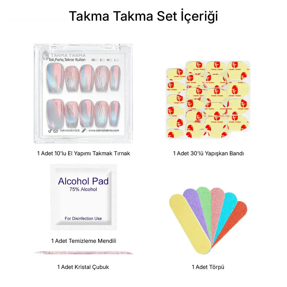 10'lu Gümüş Orta Balerin TT1237 Tekrar Kullanılabilir El Yapımı Protez Takma Tırnak Takma Takma