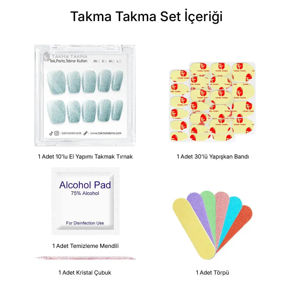 10'lu Mavi Kısa Balerin TT1249 Tekrar Kullanılabilir El Yapımı Protez Takma Tırnak Takma Takma