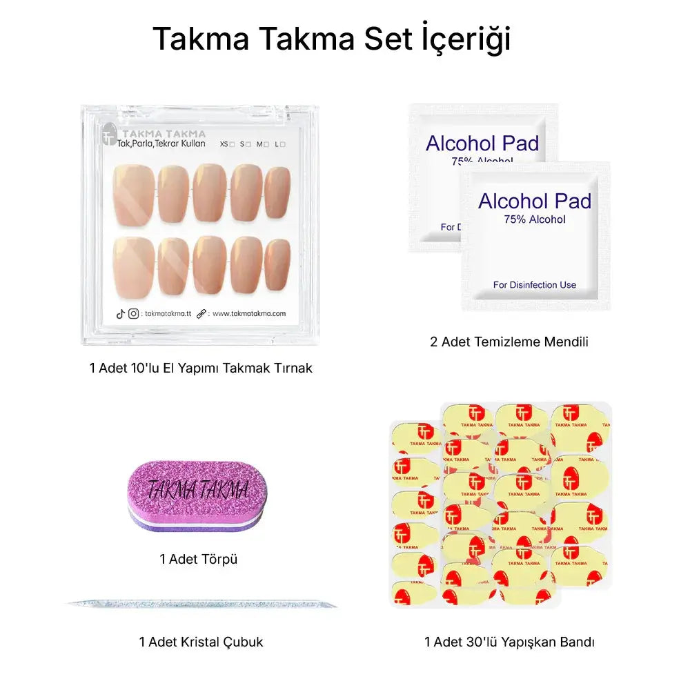 10'lu Pembe Orta Kare TT1256 Tekrar Kullanılabilir El Yapımı Protez Takma Tırnak Takma Takma