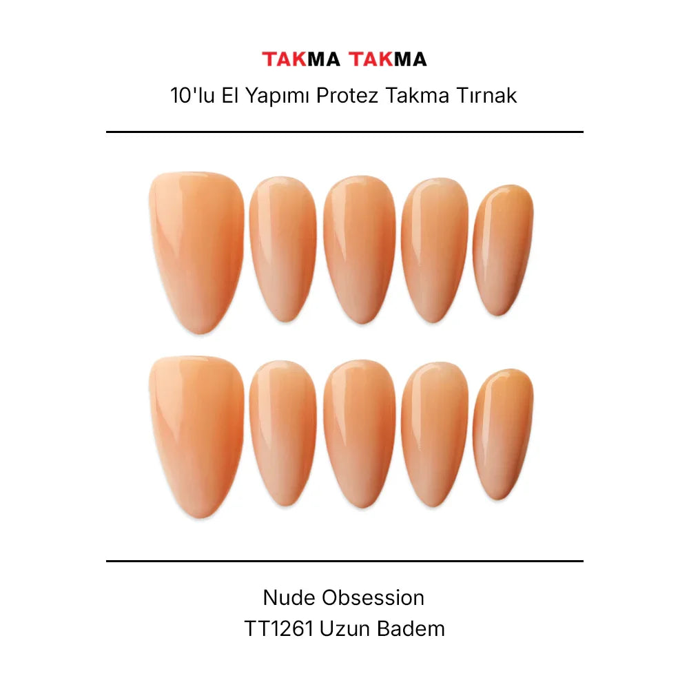 10'lu Ten Rengi Uzun Badem TT1261 Tekrar Kullanılabilir El Yapımı Protez Takma Tırnak