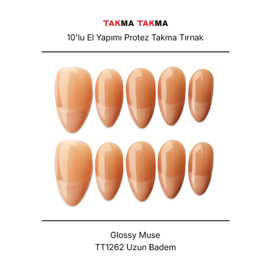 10'lu Ten Rengi Uzun Badem TT1262 Tekrar Kullanılabilir El Yapımı Protez Takma Tırnak