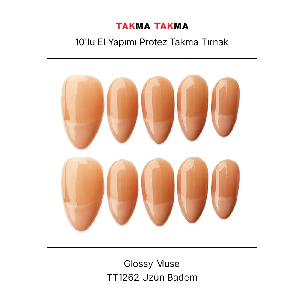 10'lu Ten Rengi Uzun Badem TT1262 Tekrar Kullanılabilir El Yapımı Protez Takma Tırnak