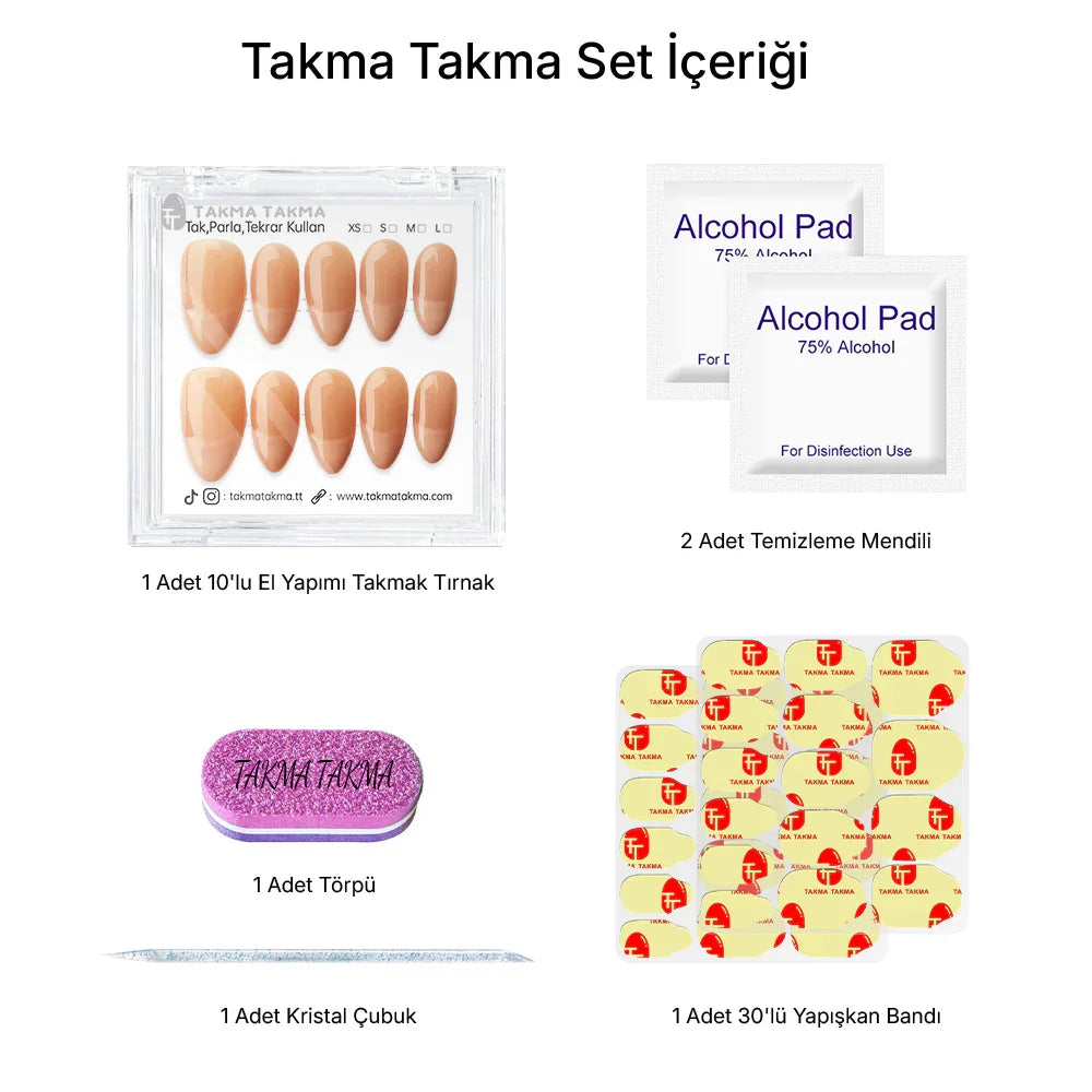 10'lu Ten Rengi Uzun Badem TT1262 Tekrar Kullanılabilir El Yapımı Protez Takma Tırnak Takma Takma