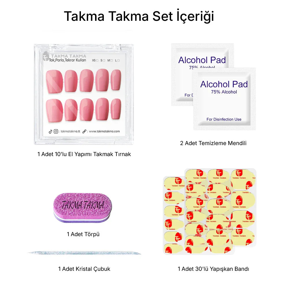 10'lu Pembe Kısa Oval TT1266 Tekrar Kullanılabilir El Yapımı Protez Takma Tırnak Takma Takma