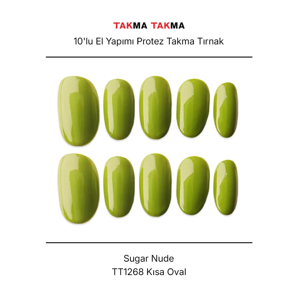 10'lu Yeşil Kısa Oval TT1268 Tekrar Kullanılabilir El Yapımı Protez Takma Tırnak Takma Takma