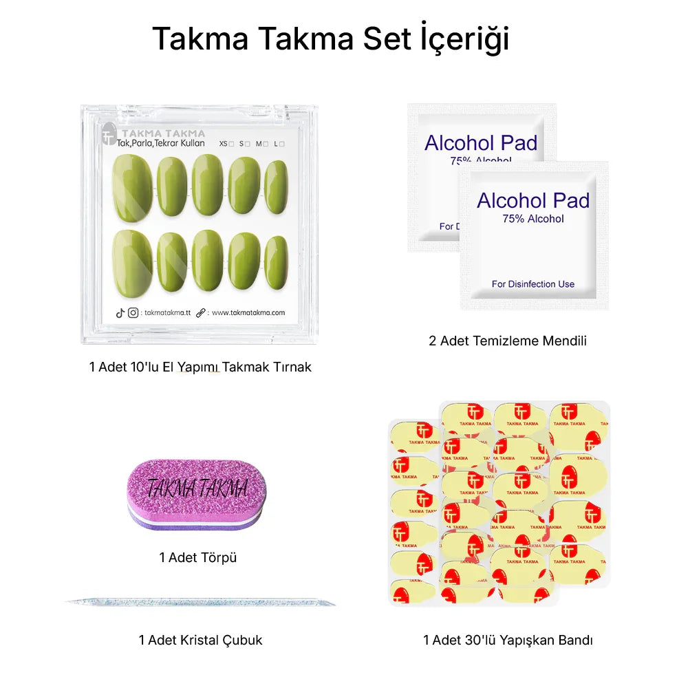 10'lu Yeşil Kısa Oval TT1268 Tekrar Kullanılabilir El Yapımı Protez Takma Tırnak Takma Takma
