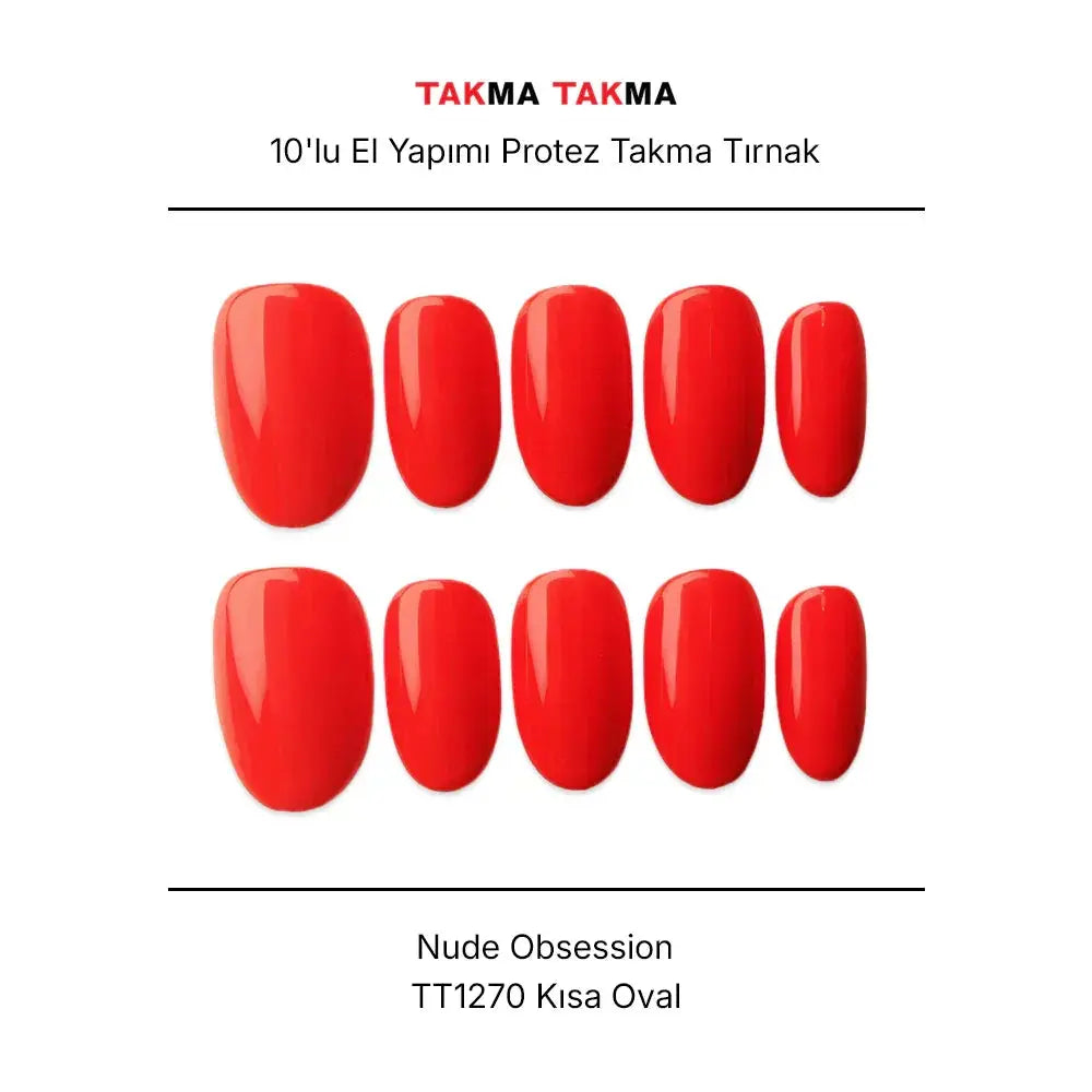 10'lu Kırmızı Kısa Oval TT1270 Tekrar Kullanılabilir El Yapımı Protez Takma Tırnak Takma Takma