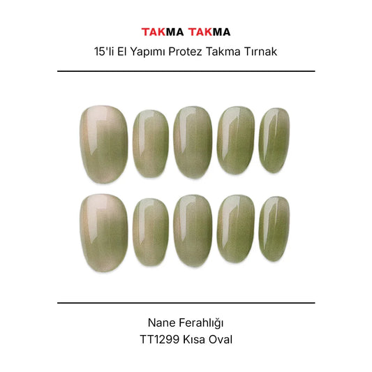 15'li Yeşil Kısa Oval TT1299 Tekrar Kullanılabilir El Yapımı Protez Takma Tırnak