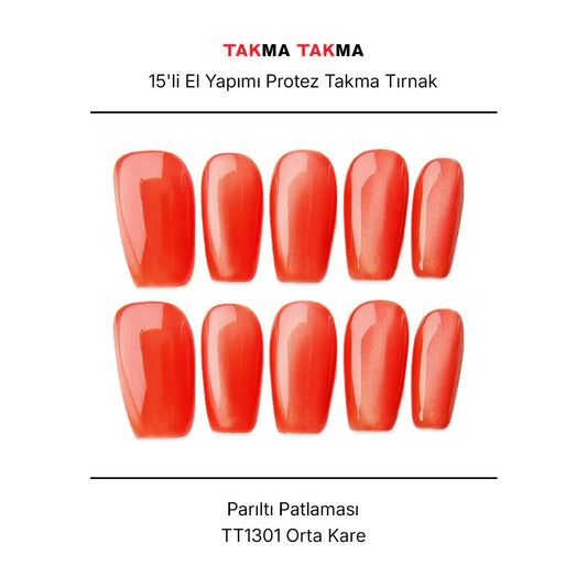 15'li Kırmızı Orta Kare TT1301 Tekrar Kullanılabilir El Yapımı Protez Takma Tırnak