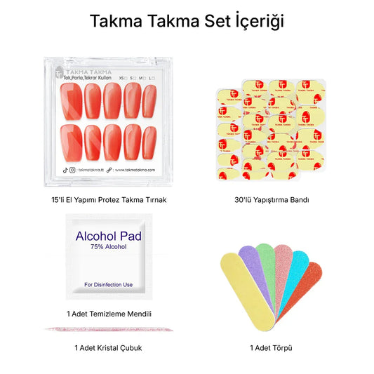 15'li Kırmızı Orta Kare TT1301 Tekrar Kullanılabilir El Yapımı Protez Takma Tırnak