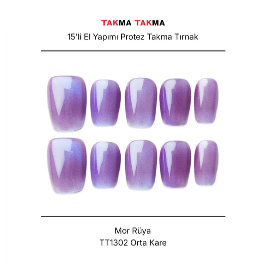15'li Mor Kısa Kare TT1302 Tekrar Kullanılabilir El Yapımı Protez Takma Tırnak