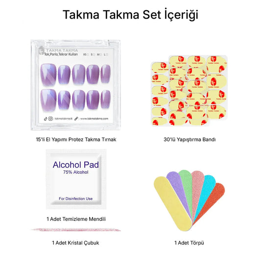 15'li Mor Kısa Kare TT1302 Tekrar Kullanılabilir El Yapımı Protez Takma Tırnak