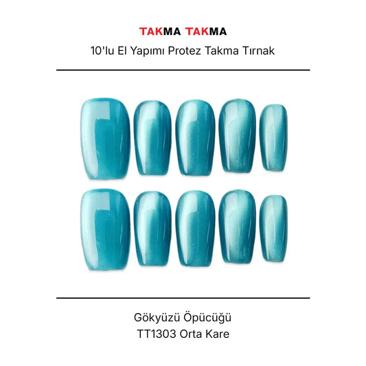 15'li Mavi Orta Kare TT1303 Tekrar Kullanılabilir El Yapımı Protez Takma Tırnak