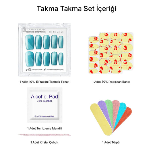 15'li Mavi Orta Kare TT1303 Tekrar Kullanılabilir El Yapımı Protez Takma Tırnak