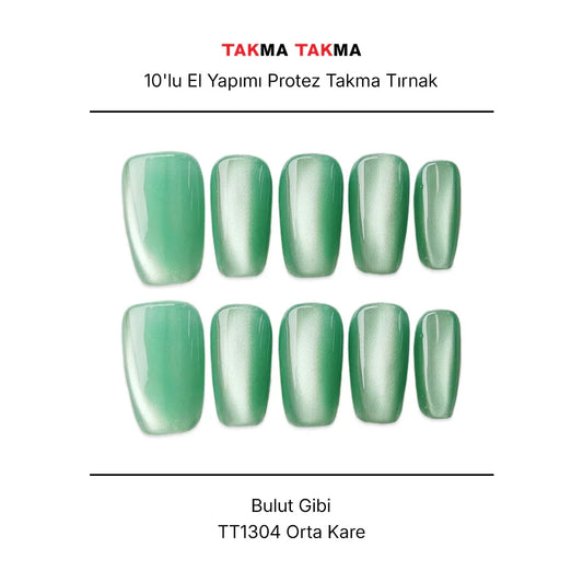 15'li Yeşil Orta Kare TT1304 Tekrar Kullanılabilir El Yapımı Protez Takma Tırnak