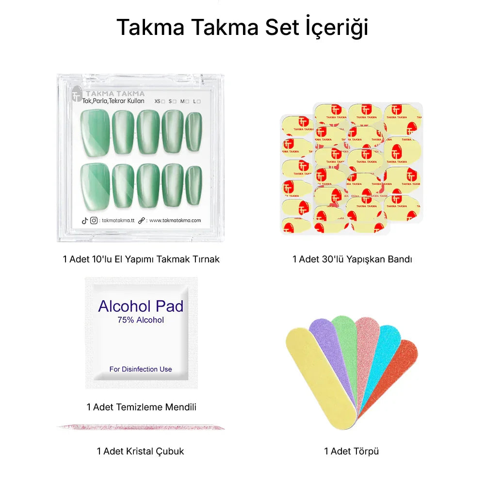 15'li Yeşil Orta Kare TT1304 Tekrar Kullanılabilir El Yapımı Protez Takma Tırnak Takma Takma