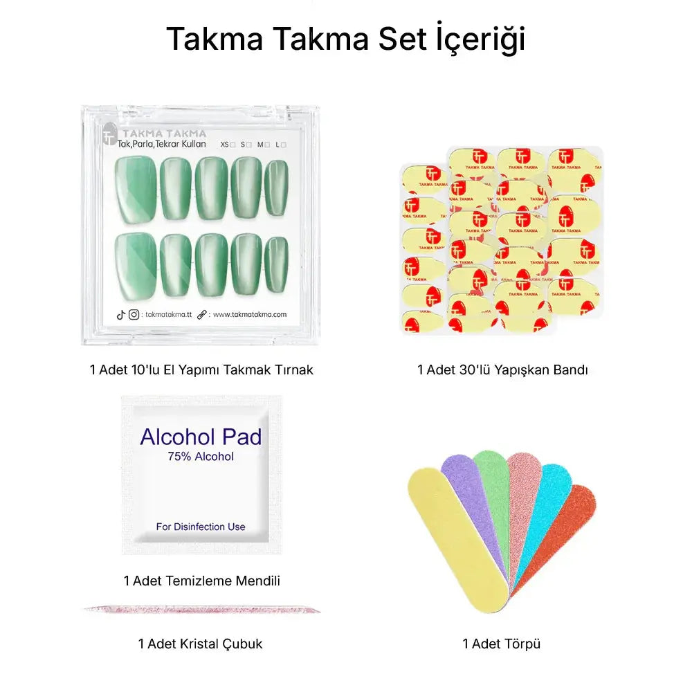 15'li Yeşil Orta Kare TT1304 Tekrar Kullanılabilir El Yapımı Protez Takma Tırnak Takma Takma