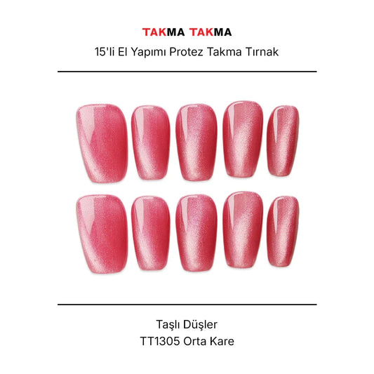 15'li Pembe Orta Kare TT1305 Tekrar Kullanılabilir El Yapımı Protez Takma Tırnak