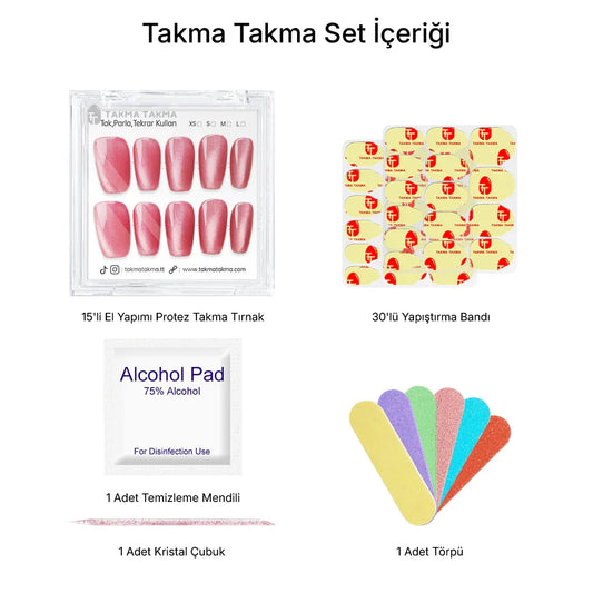 15'li Pembe Orta Kare TT1305 Tekrar Kullanılabilir El Yapımı Protez Takma Tırnak