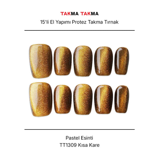 15'li Kahverengi Kahve Kısa Kare TT1309 Tekrar Kullanılabilir El Yapımı Protez Takma Tırnak