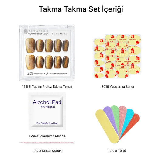 15'li Kahverengi Kahve Kısa Kare TT1309 Tekrar Kullanılabilir El Yapımı Protez Takma Tırnak