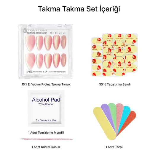 15'li Pembe Kısa Badem TT1313 Tekrar Kullanılabilir El Yapımı Protez Takma Tırnak