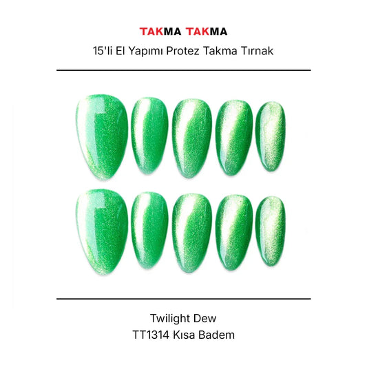 15'li Yeşil Kısa Badem TT1314 Tekrar Kullanılabilir El Yapımı Protez Takma Tırnak