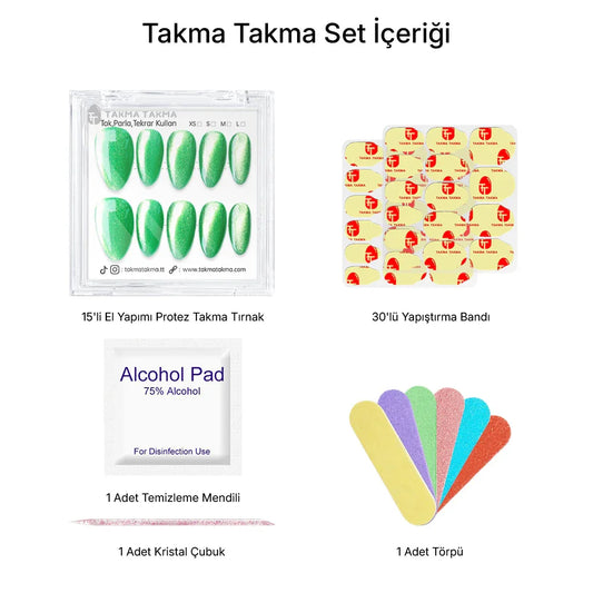 15'li Yeşil Kısa Badem TT1314 Tekrar Kullanılabilir El Yapımı Protez Takma Tırnak