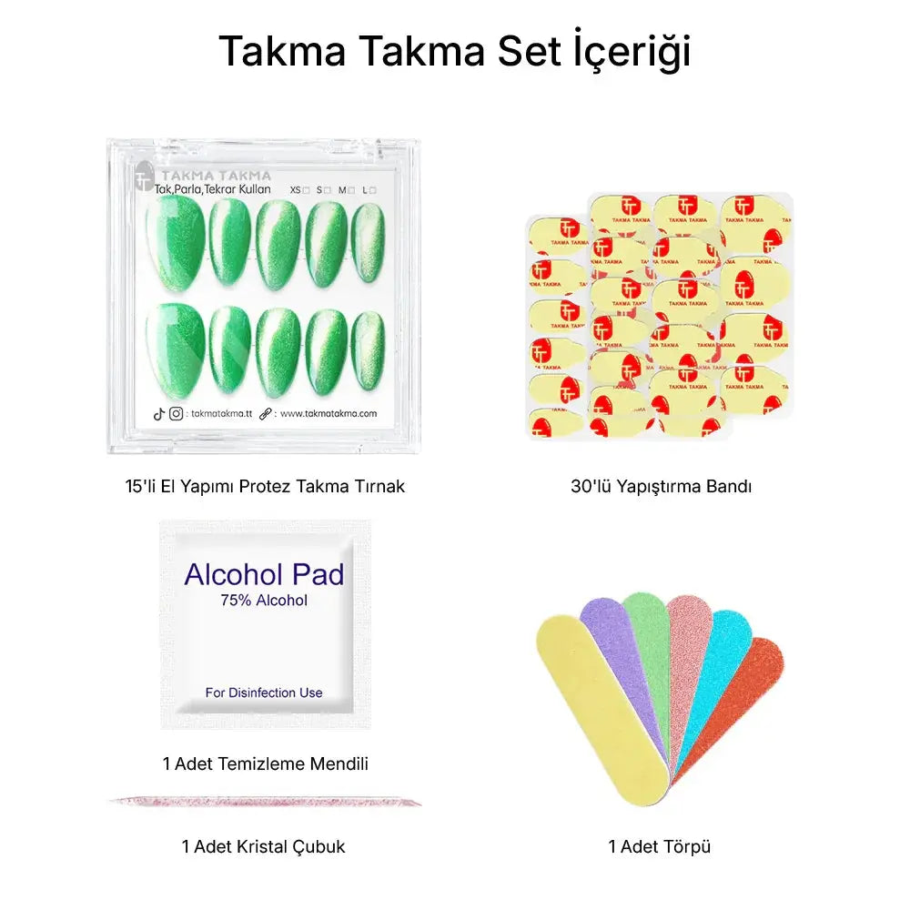15'li Yeşil Kısa Badem TT1314 Tekrar Kullanılabilir El Yapımı Protez Takma Tırnak Takma Takma
