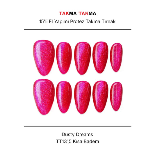 15'li Pembe Kısa Badem TT1315 Tekrar Kullanılabilir El Yapımı Protez Takma Tırnak