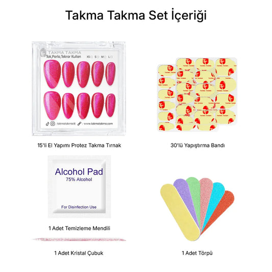 15'li Pembe Kısa Badem TT1315 Tekrar Kullanılabilir El Yapımı Protez Takma Tırnak