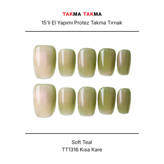 15'li Yeşil Kısa Kare TT1316 Tekrar Kullanılabilir El Yapımı Protez Takma Tırnak