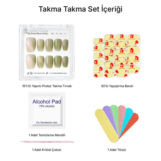 15'li Yeşil Kısa Kare TT1316 Tekrar Kullanılabilir El Yapımı Protez Takma Tırnak