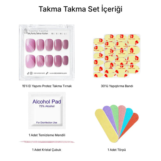 15'li Mor Kısa Yuvarlak TT1318 Tekrar Kullanılabilir El Yapımı Protez Takma Tırnak