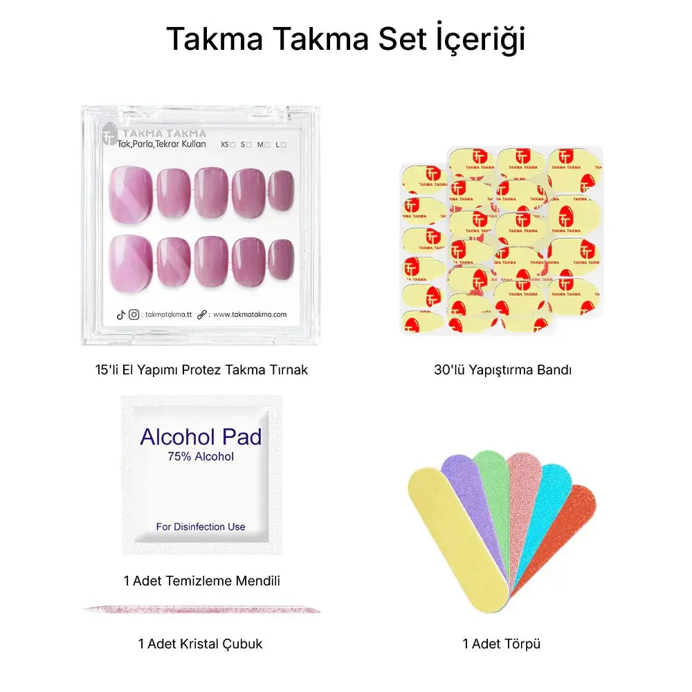 15'li Mor Kısa Yuvarlak TT1318 Tekrar Kullanılabilir El Yapımı Protez Takma Tırnak Takma Takma