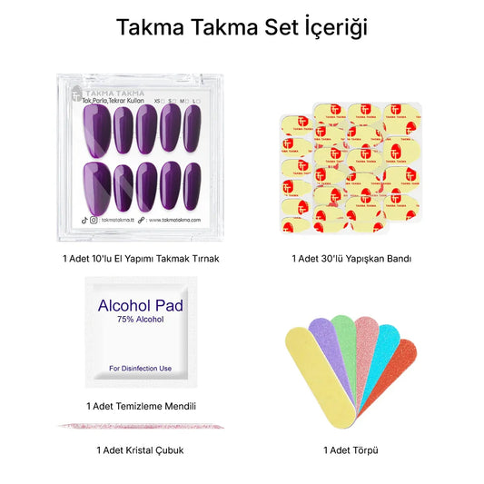 15'li Mor Uzun Oval TT1319 Tekrar Kullanılabilir El Yapımı Protez Takma Tırnak