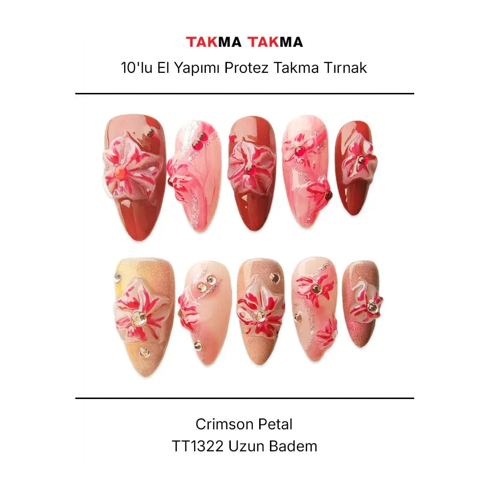 10'lu Kırmızı Uzun Badem TT1322 Tekrar Kullanılabilir El Yapımı Protez Takma Tırnak Takma Takma